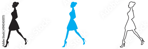 Walking Woman Silhouette .  Minimal illustration showing three variations of a woman walking in side view silhouette, useful as motion reference, walk cycle concept,  or pedestrian symbol.
