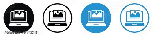 Laptop screen displaying a photo or image icon. Modern flat design showing media preview and digital gallery concepts in multiple color styles. Great for photography and web design assets.