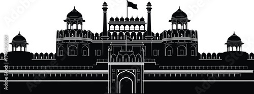Red Fort Delhi silhouette illustration featuring Mughal architecture, domes, arches, battlements, historic monument, cultural heritage, national pride, India