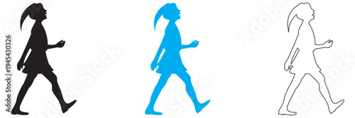 Walking Woman Silhouette .  Minimal illustration showing three variations of a woman walking in side view silhouette, useful as motion reference, walk cycle concept,  or pedestrian symbol.