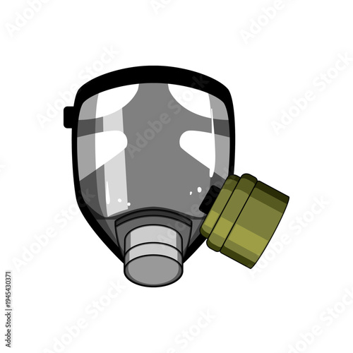 Gas mask illustration showing facepiece and filter cartridge, protecting against airborne threats, chemical agents, biological hazards, and environmental pollution