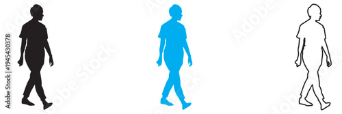 Walking Woman Silhouette .  Minimal illustration showing three variations of a woman walking in side view silhouette, useful as motion reference, walk cycle concept,  or pedestrian symbol.