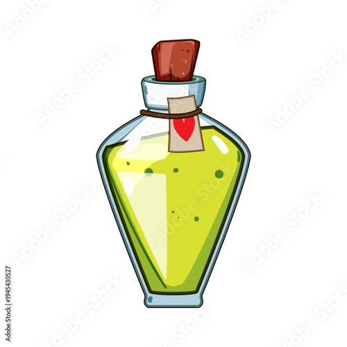Glass bottle containing a bubbling green health potion with a cork stopper and a heart shaped label, representing vitality, recovery, and magic in fantasy game elements