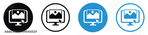 Laptop screen displaying a photo or image icon. Modern flat design showing media preview and digital gallery concepts in multiple color styles. Great for photography and web design assets.
