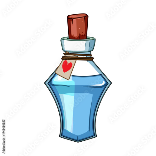 Stylized cartoon illustration showing a magical game item, a corked glass potion bottle filled with blue liquid and featuring a heart shaped label for healing or vitality