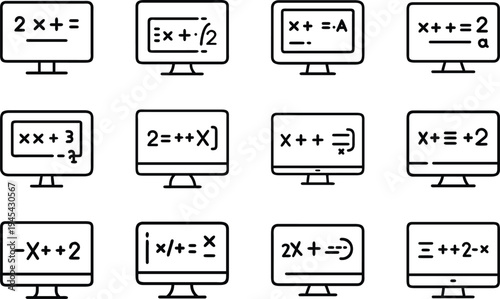 Set of twelve computers displaying various mathematical equations and symbols, vector line art illustration on checkered background