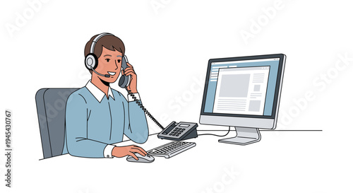 Vector illustration of a man wearing a headset working on a computer isolated on White Background