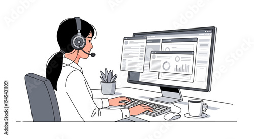 Vector illustration of woman wearing headset at computer desk isolated on White Background