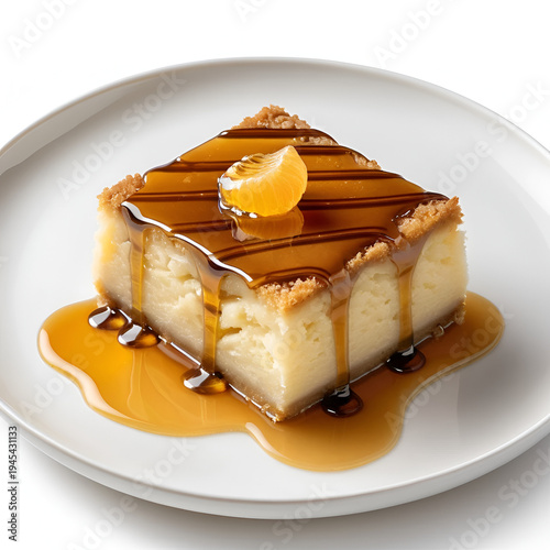 Perfectly cut golden-brown hasty pudding slice with maple syrup drizzle on a small white ceramic plate, isolated on transparent, 45-degree high-angle, commercial food concept