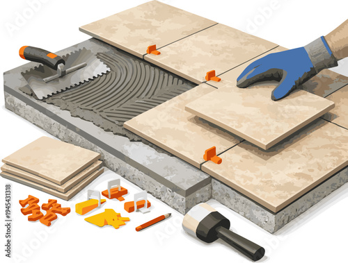 Isolated a realistic Laying tiles concept. Laying the ceramic tile on the floor - 3d rendering vector art with white background..