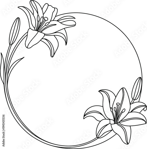 Lily flower circle frame line art, floral border for wedding invitation, botanical wreath sketch, elegant decorative monogram vector design