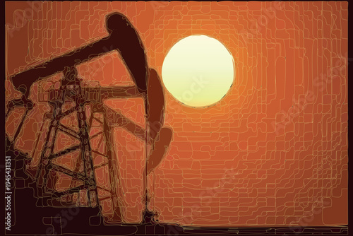 An oil pump for a gas station. Oil production, a drilling rig and an orange dawn in the background. Vector drawing of a drilling rig on a yellow sun background, mosaic style.