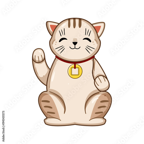 Traditional japanese beckoning cat figurine symbolizing prosperity, good luck and success, smiling with raised paw to invite positive energy, charm for shops and homes