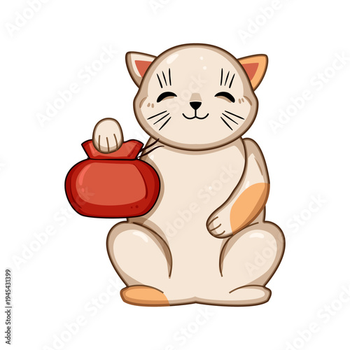 Lucky cat charming illustration holding an ancestral money bag, bringing good fortune, prosperity, wealth, happiness, and success with its iconic smiling face and paw up