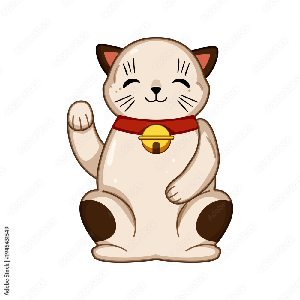 Naklejka premium Lucky cat, a traditional charm, sitting with one paw raised, bringing good luck, prosperity, and a welcoming gesture, often symbolizing success and happiness