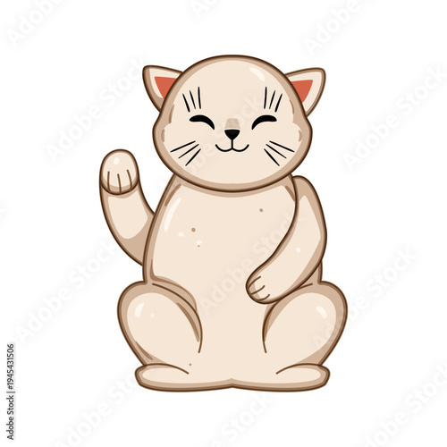 Lucky cat figurine with raised paw symbolizing prosperity and success, cheerful kawaii charm on white background inviting wealth, good luck and positive energy for business