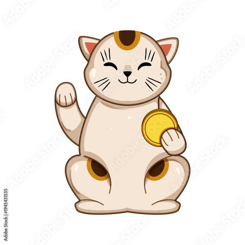 Smiling traditional beckoning cat illustration raising a paw and holding a gold coin, embodying concepts of good fortune, prosperity, and financial success