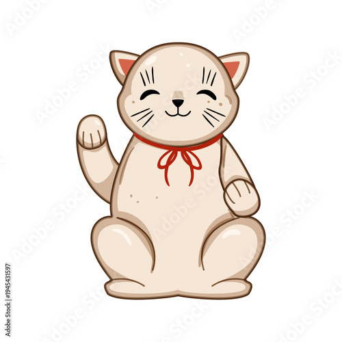 Maneki cat sitting confidently, raising its left paw, symbolizing good luck, wealth, and prosperity for business and home in a charming traditional style