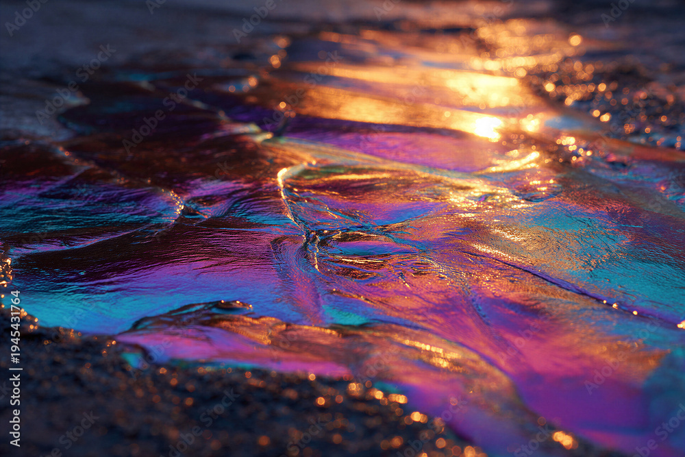 Fototapeta premium Vibrant Iridescent Oil Slick on Wet Asphalt Surface with Shimmering Golden Hour Sunset Reflections Macro View