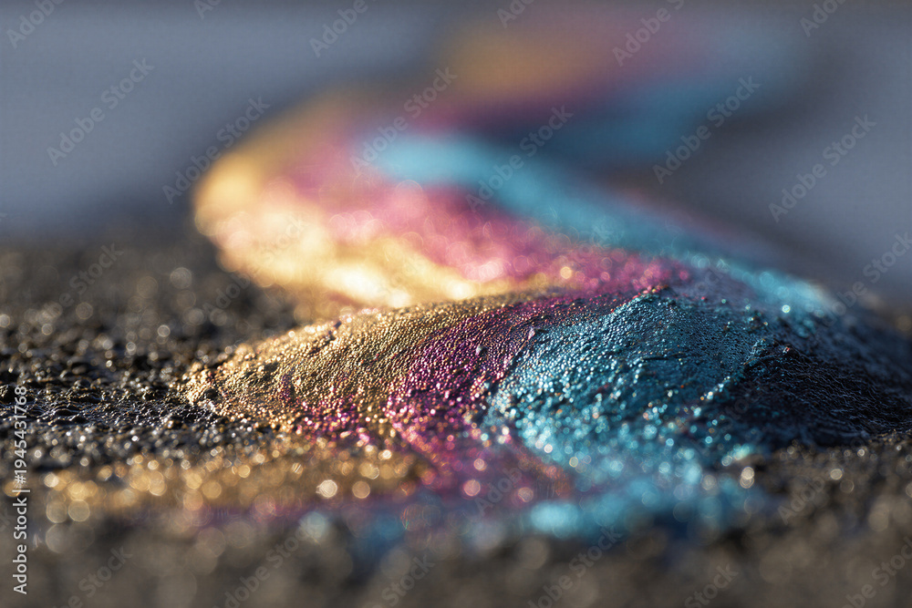 Fototapeta premium Close Up Macro Shot of Iridescent Shimmering Oil Slick on Dark Textured Asphalt Road with Vibrant Colors