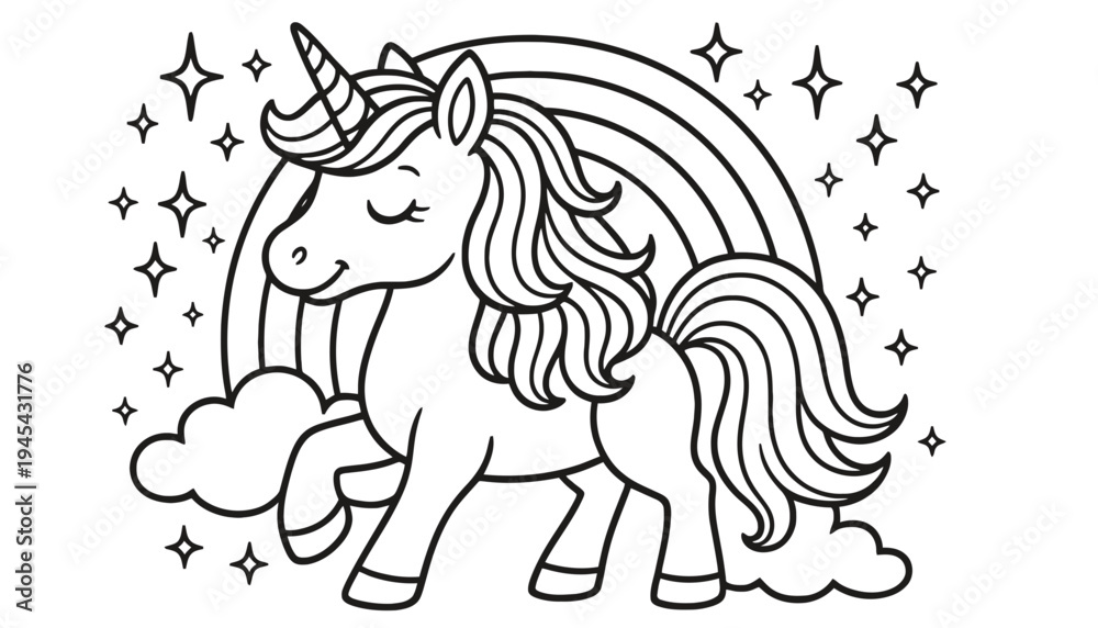 Fototapeta premium A pink unicorn illustration with a rainbow and stars in the background