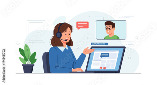 Vector illustration of woman in blue shirt with headset and laptop having video call isolated on White Background