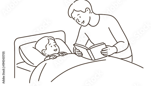 Father reading a bedtime story to his son in a cozy bedroom