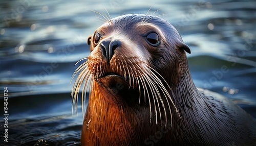 A captivating portrait of a brown sea lion emerging from the ocean, gazing at the viewer