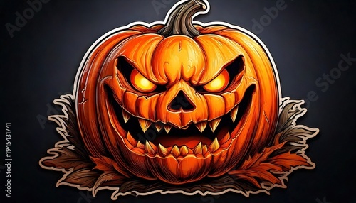 A carved pumpkin with an evil grin and glowing eyes, a Halloween illustration