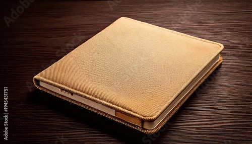 A closed, textured notebook with a tan cover on a dark wooden surface