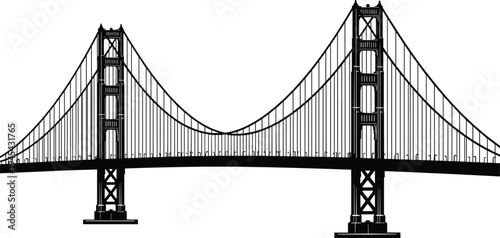 Golden Gate Bridge silhouette illustration, suspension bridge towers, curved cables, roadway deck, iconic architecture landmark, engineering design, San Francisco cityscape artwork