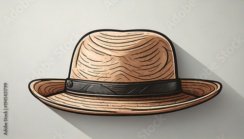 A close-up illustration of a classic straw hat with a dark band, casting a shadow