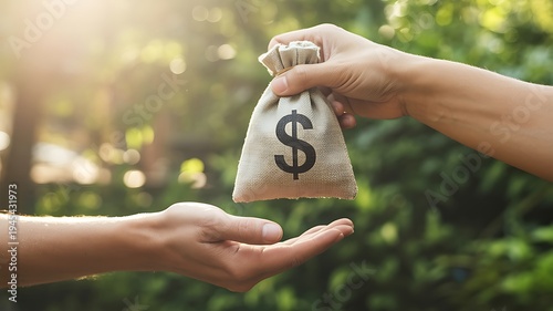 A person hands over a money bag to another person outdoors