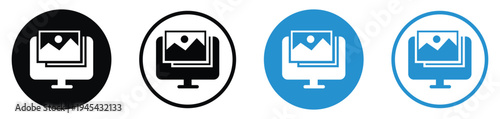 Digital media icons showing a photo gallery on a computer screen with a mouse clicker. Clean vector graphics for photography, portfolio, and digital asset management concepts.