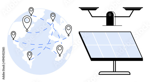 Renewable energy, global network, sustainable development, technology, solar power, green energy. Globe with location pins and a solar panel. Renewable energy and global network concepts