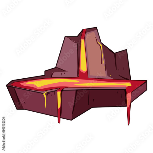 Stylized platform artwork of molten lava flowing over dark rock, dripping into a glowing molten landscape, vector illustration for game levels, fantasy environments, and design textures