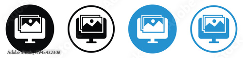 Digital media icons showing a photo gallery on a computer screen with a mouse clicker. Clean vector graphics for photography, portfolio, and digital asset management concepts.
