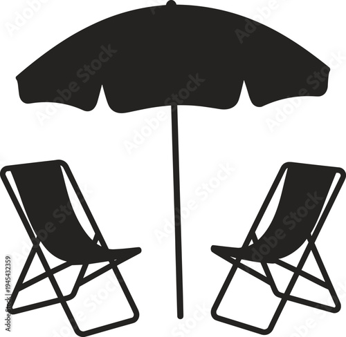 Beach umbrella and deck chair silhouette, summer vacation furniture set, travel leisure icons, outdoor sunbed vector design