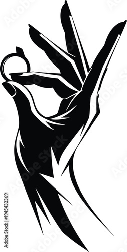 Hand holding ring illustration, dramatic artwork, symbolic jewelry drawing, mysterious design, angular sketch style, bold graphic art, commitment symbol, flavector