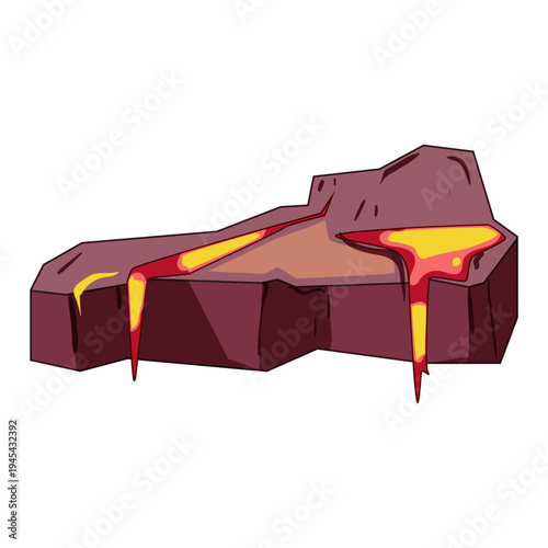 Lava rock platform showing a unique geological formation with molten magma flowing through fissures and dripping from the edges, illustrating extreme heat and volcanic activity
