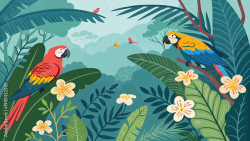 Vibrant rainforest scene with colorful parrots lush greenery exotic flowers and tropical foliage conveying serenity and wildlife