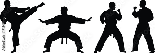 Martial arts silhouettes, fighting stances, high kick, defensive pose, combat training, discipline practice, sports illustration, black artwork, physical strength, flavector