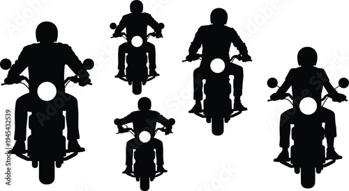 Motorcycle rider silhouette collection, front view biker icons, motorbike transportation set, motorcycling road trip travel vector design