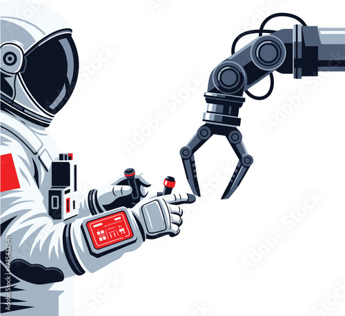 Astronaut and Robotic Arm in Space Exploration Scenario.