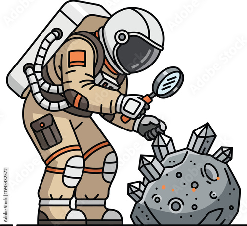 Astronaut examines crystalline asteroid with magnifying glass.