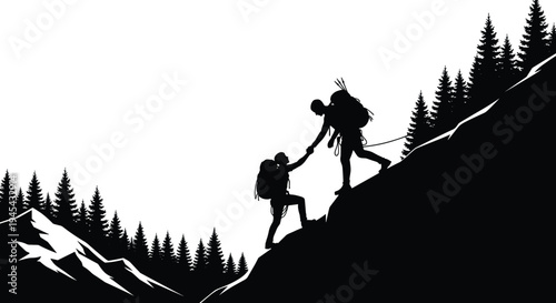 Mountain climbing teamwork illustration, hikers helping each other, adventure silhouette art, outdoor nature design, cooperation drawing, perseverance artwork, rugged landscape, flavector