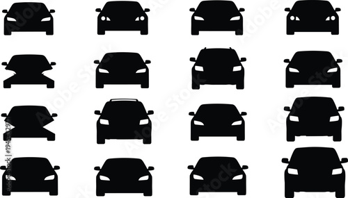 Car silhouettes front view automotive design variations, abstract distorted vehicle shapes, headlights, mirrors, roof contours, transportation illustration collection