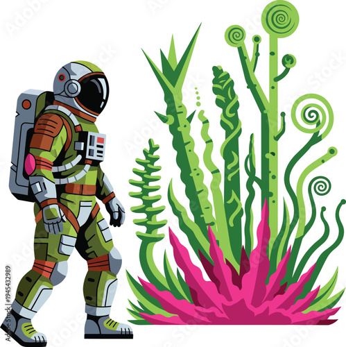 Astronaut exploring alien plant life on a distant planet.