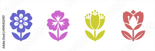 Set of four stylized floral icons in different colors and shapes