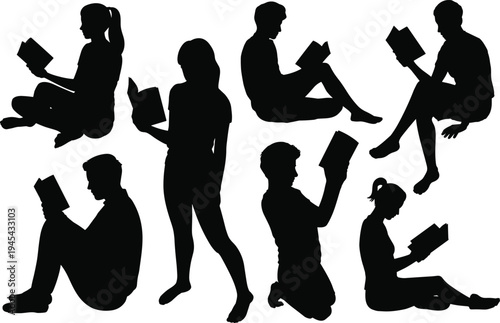 People reading books silhouette collection, students studying in various poses, education and literature icons, library vector design